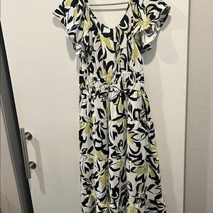 Floral Print Ruffle Sleeve Maxi Dress in White, Black & Lime